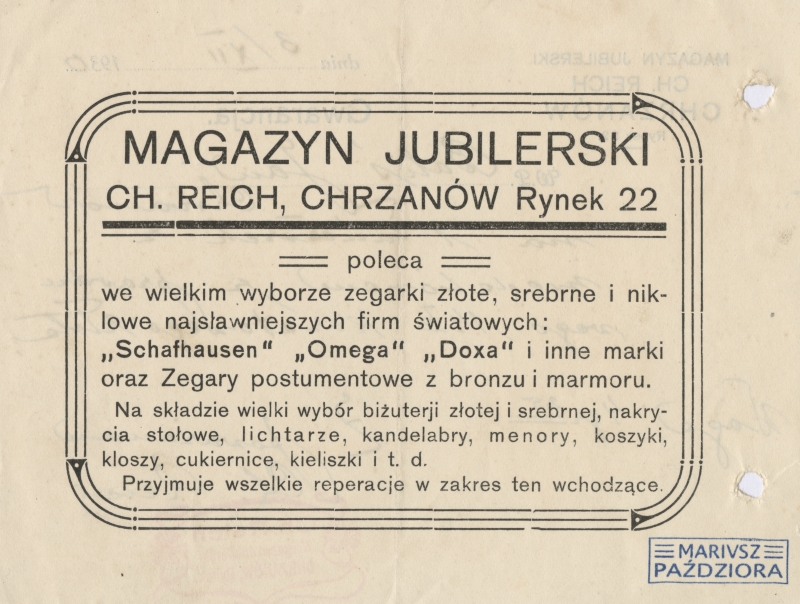 Rachunek ze sklepu jubilerskiego Ch. Reicha w Chrzanowie, 1930.